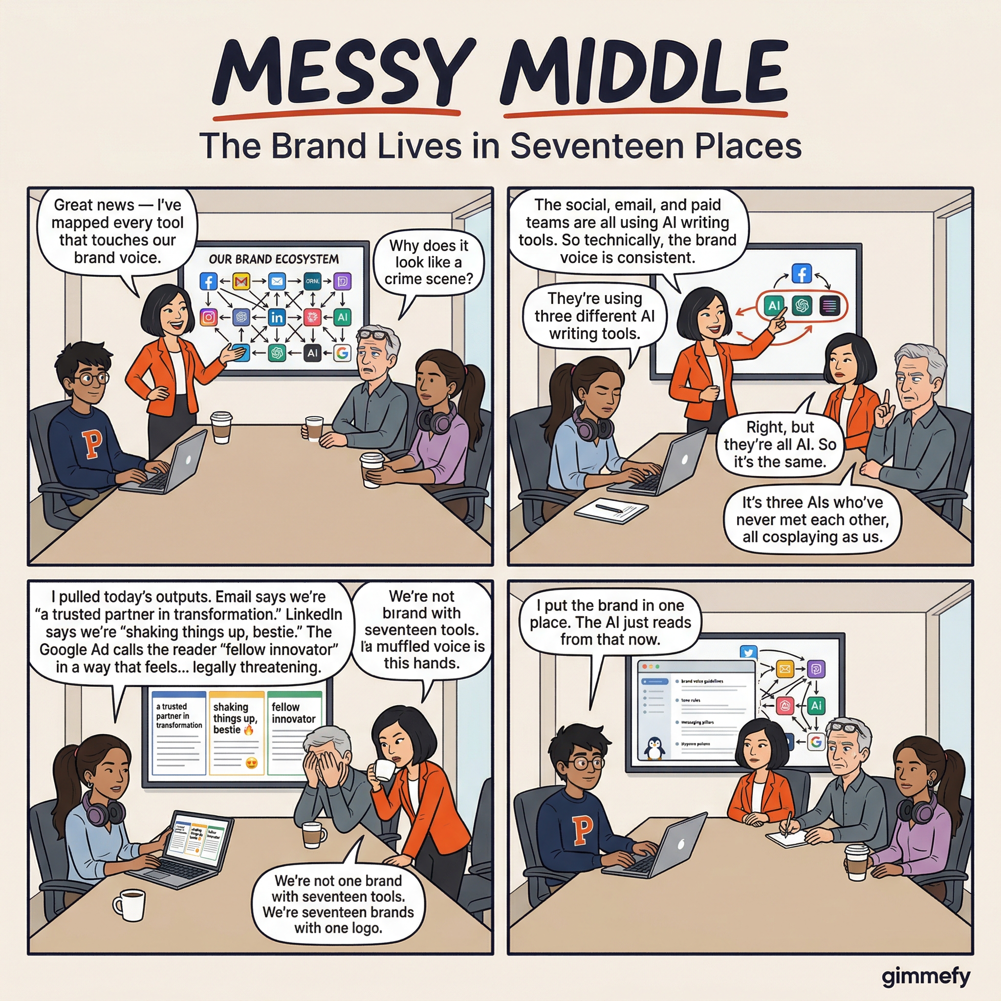Messy Middle Comic #018: The Brand Lives in Seventeen Places - gimmefy