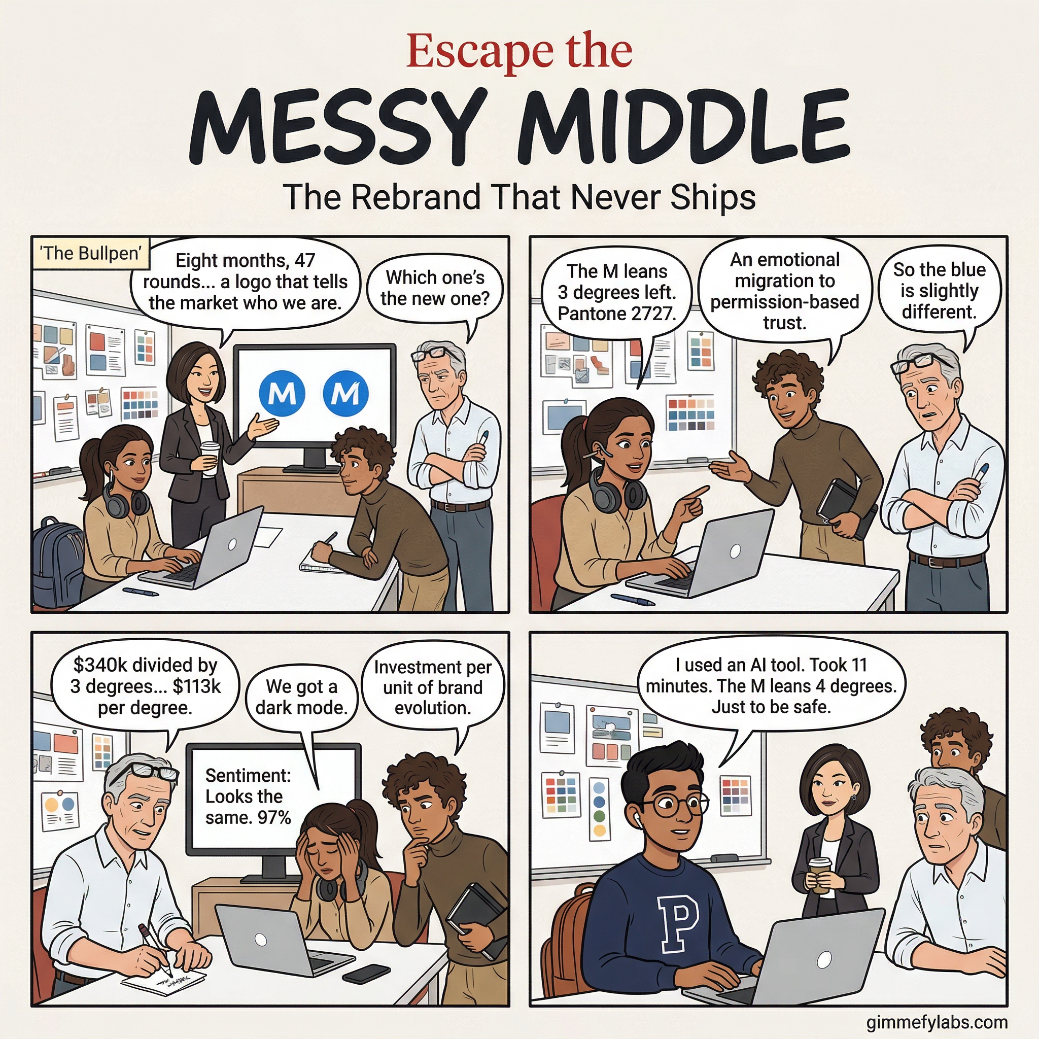 Messy Middle Comic #025: The Rebrand That Never Ships Comic Strip - gimmefy