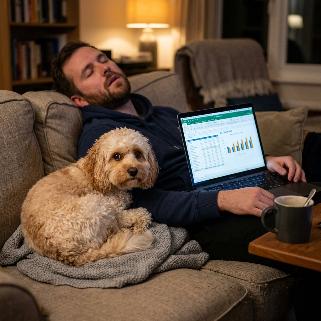 Pixel curled up beside sleeping Bob with a glowing laptop showing bland spreadsheets