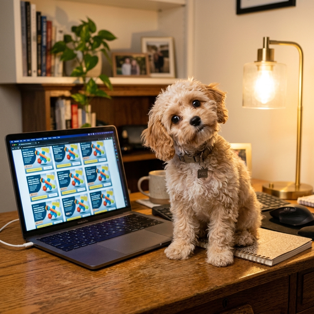 Pixel on desk confused by identical ad variations on laptop screen