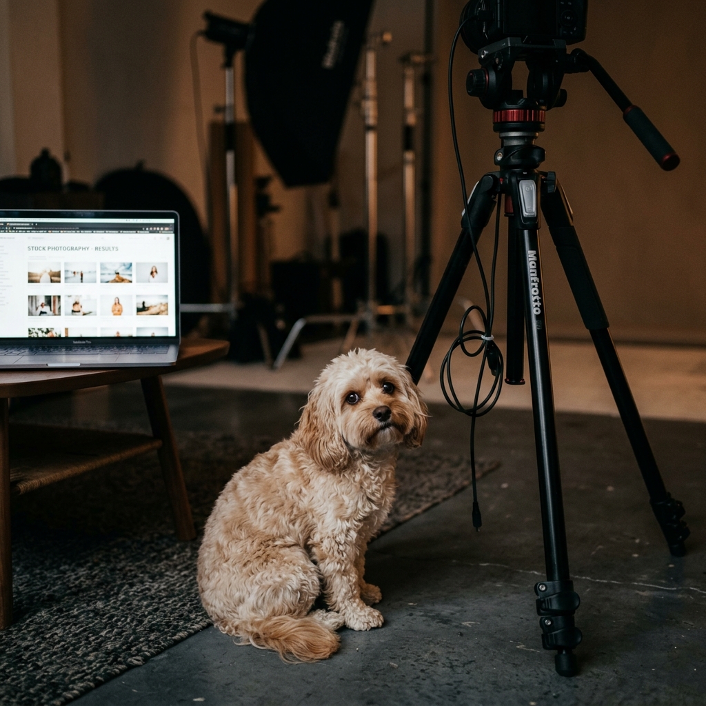 Pixel beside a studio camera tripod with unused lights in background