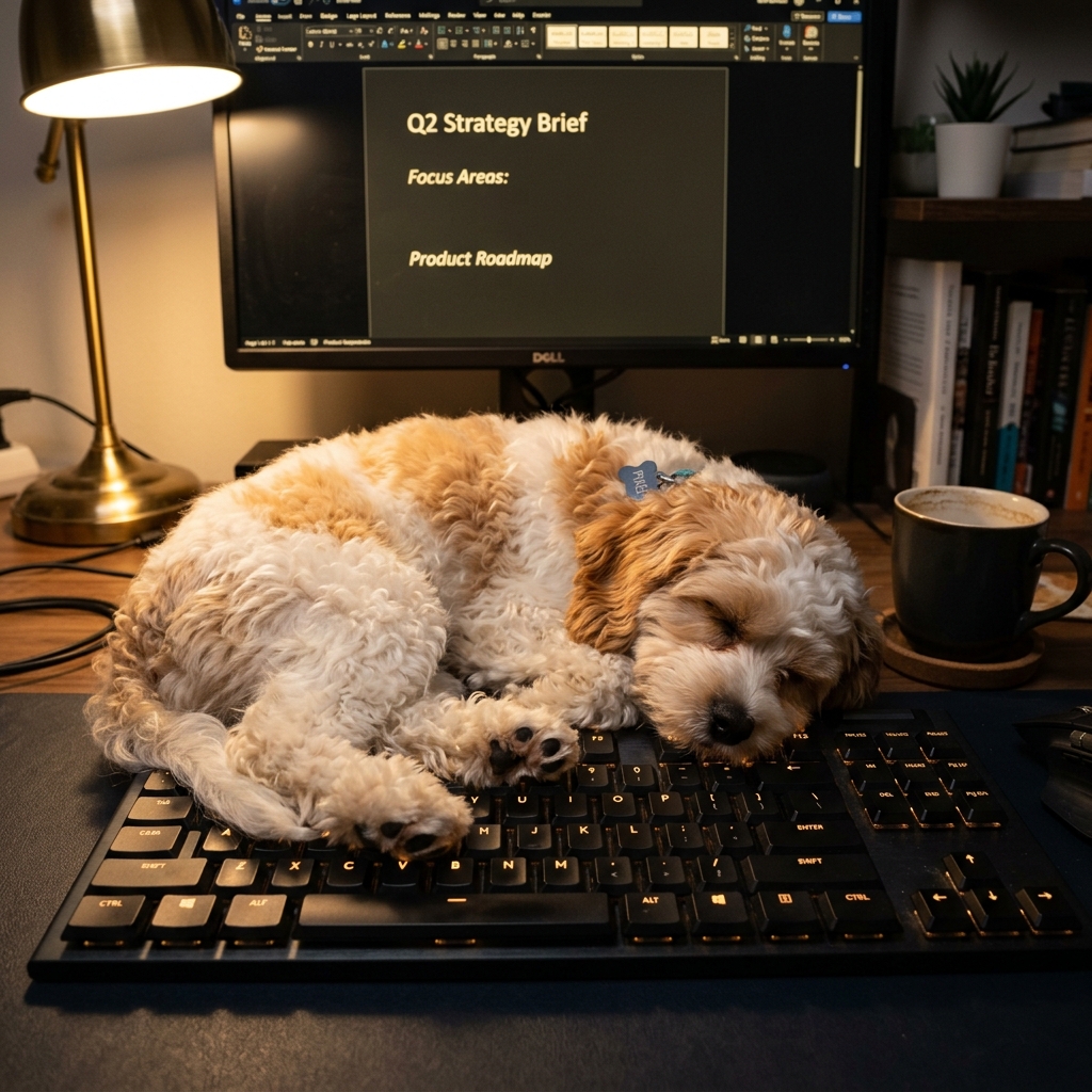 Pixel curled on keyboard with empty strategy brief on screen