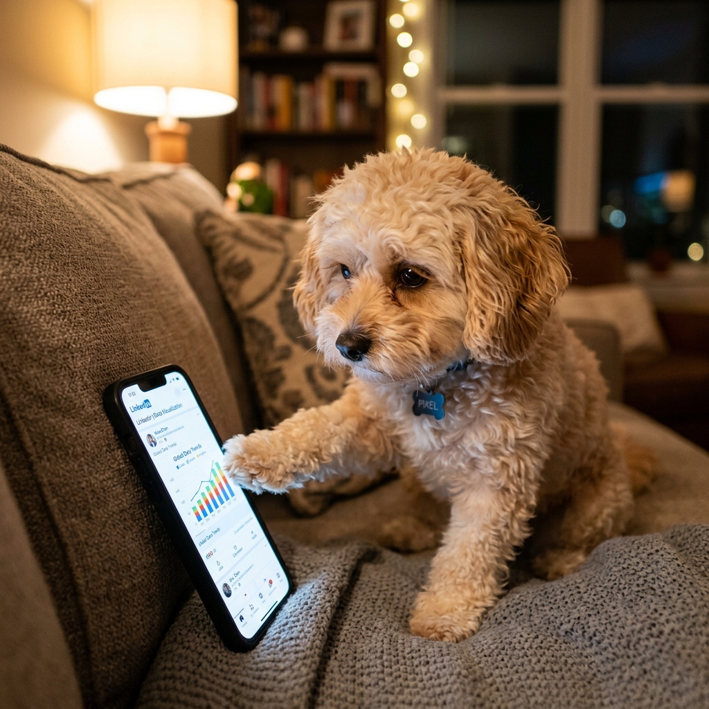 Pixel pawing at a smartphone showing a LinkedIn post with data visualization