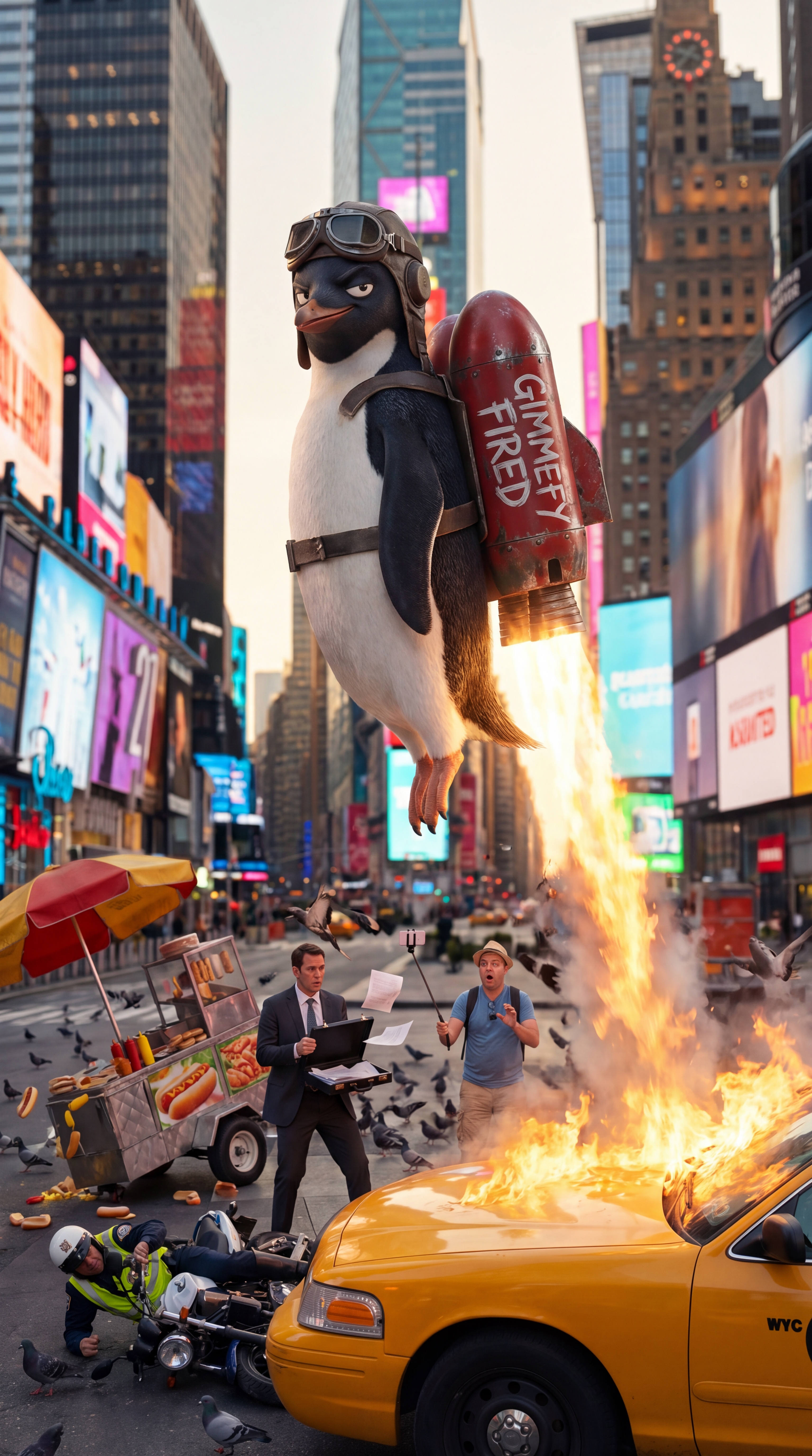 A giant penguin with aviator goggles and red jetpack launching from Times Square — escaping the messy middle