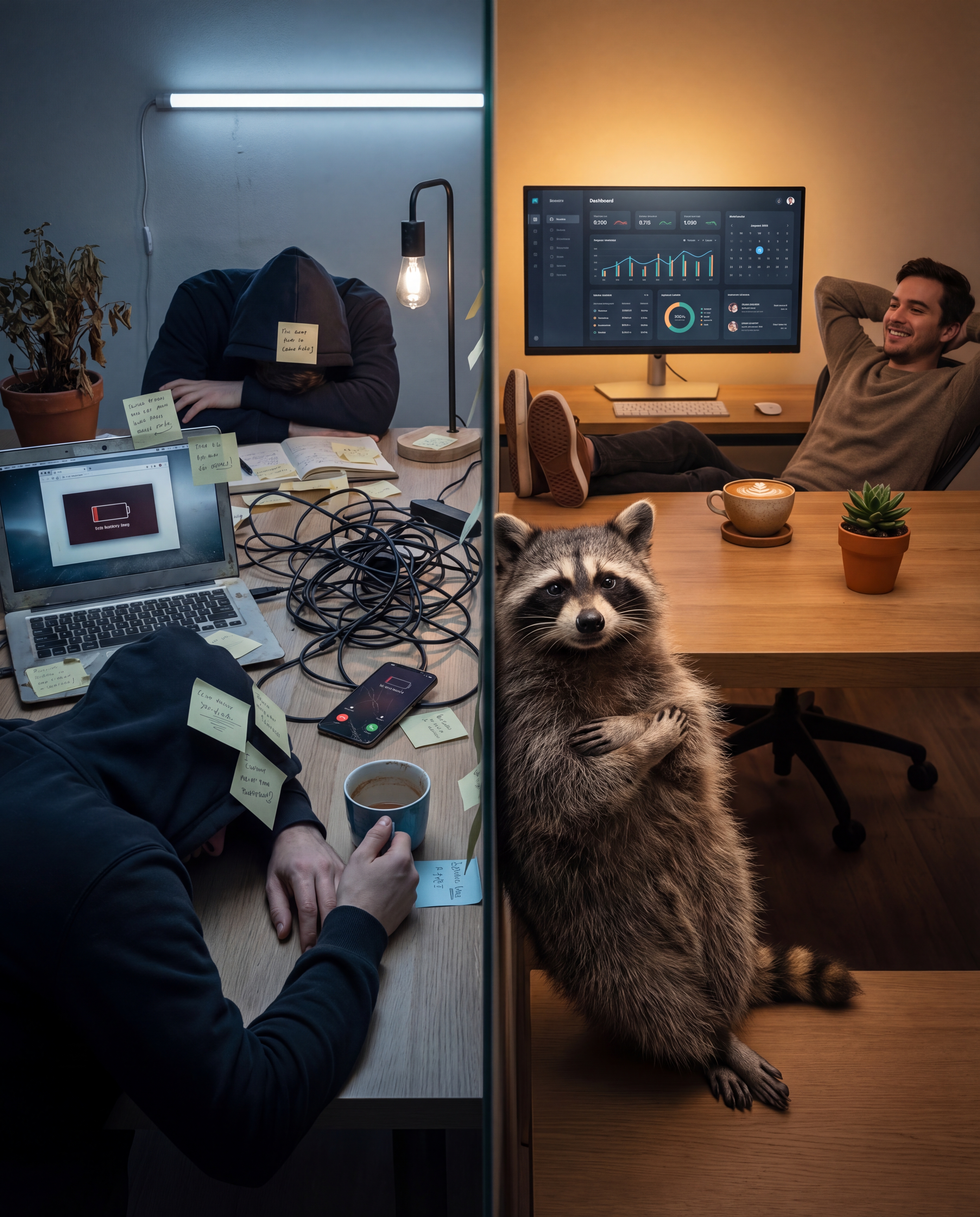 Split-screen: single tool surrounded by gaps vs gimmefy ecosystem, everything connected