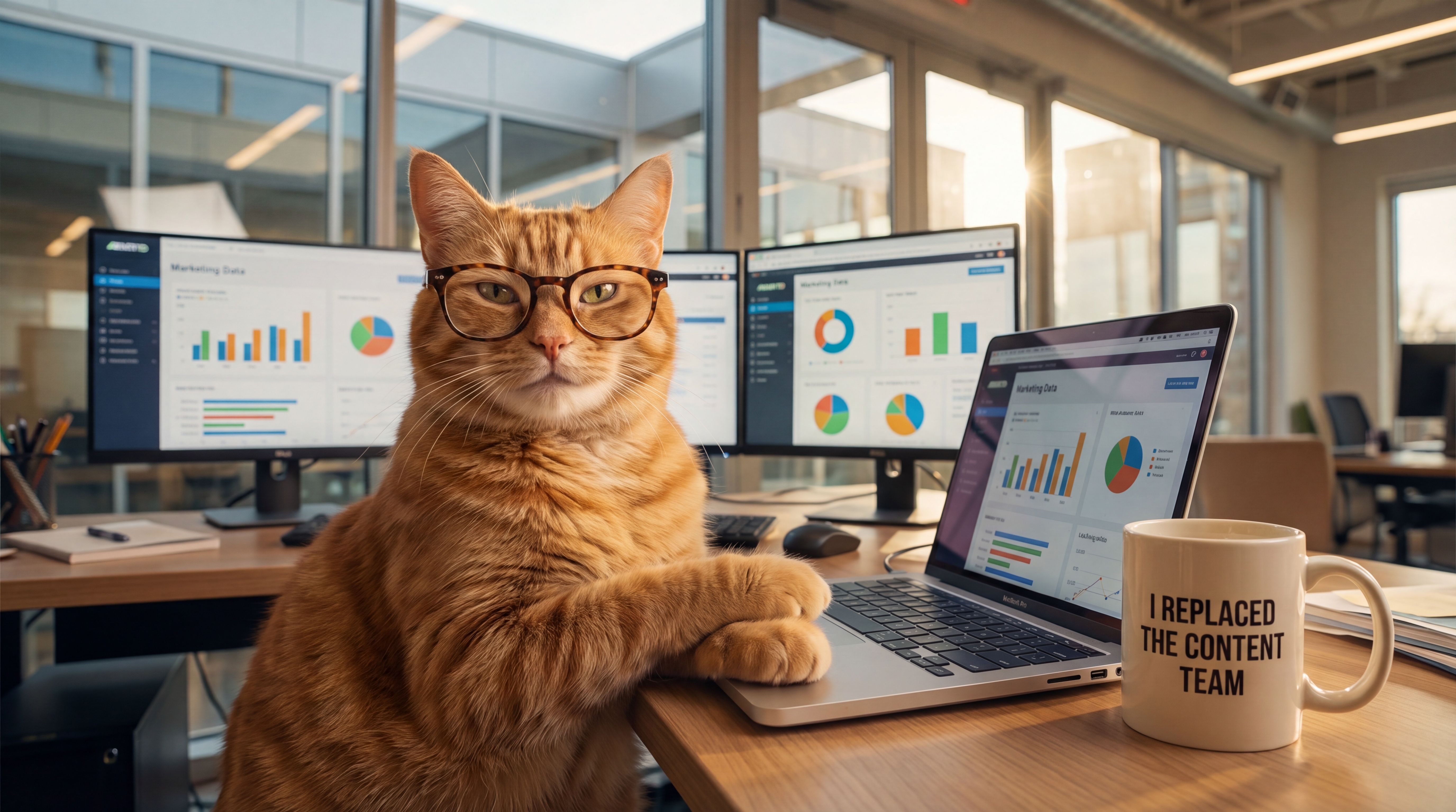 Cat smugly sitting at a standing desk — gimmefy fired the content team