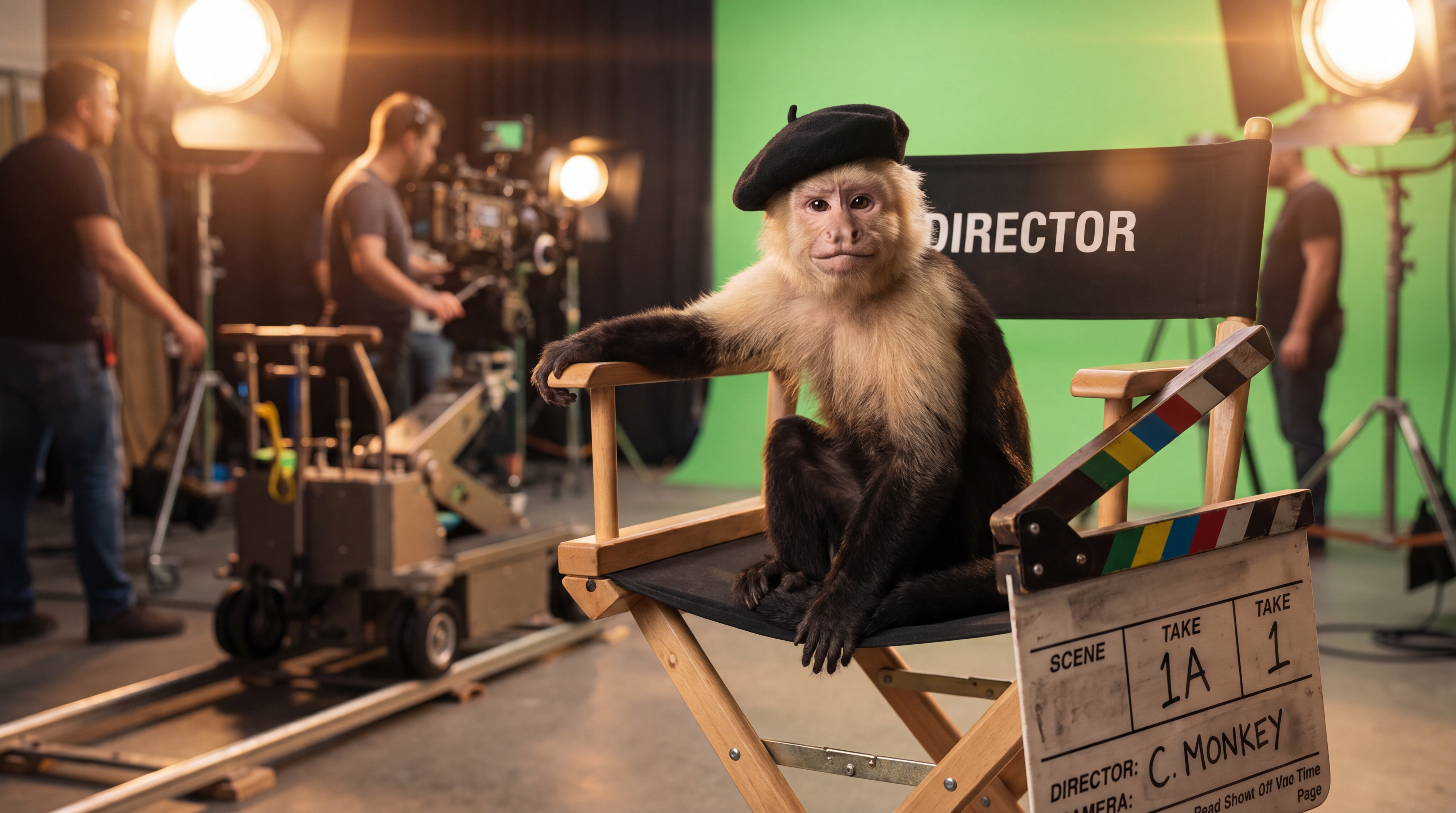 Monkey in a director's chair on a film set — gimmefy fired the production crew