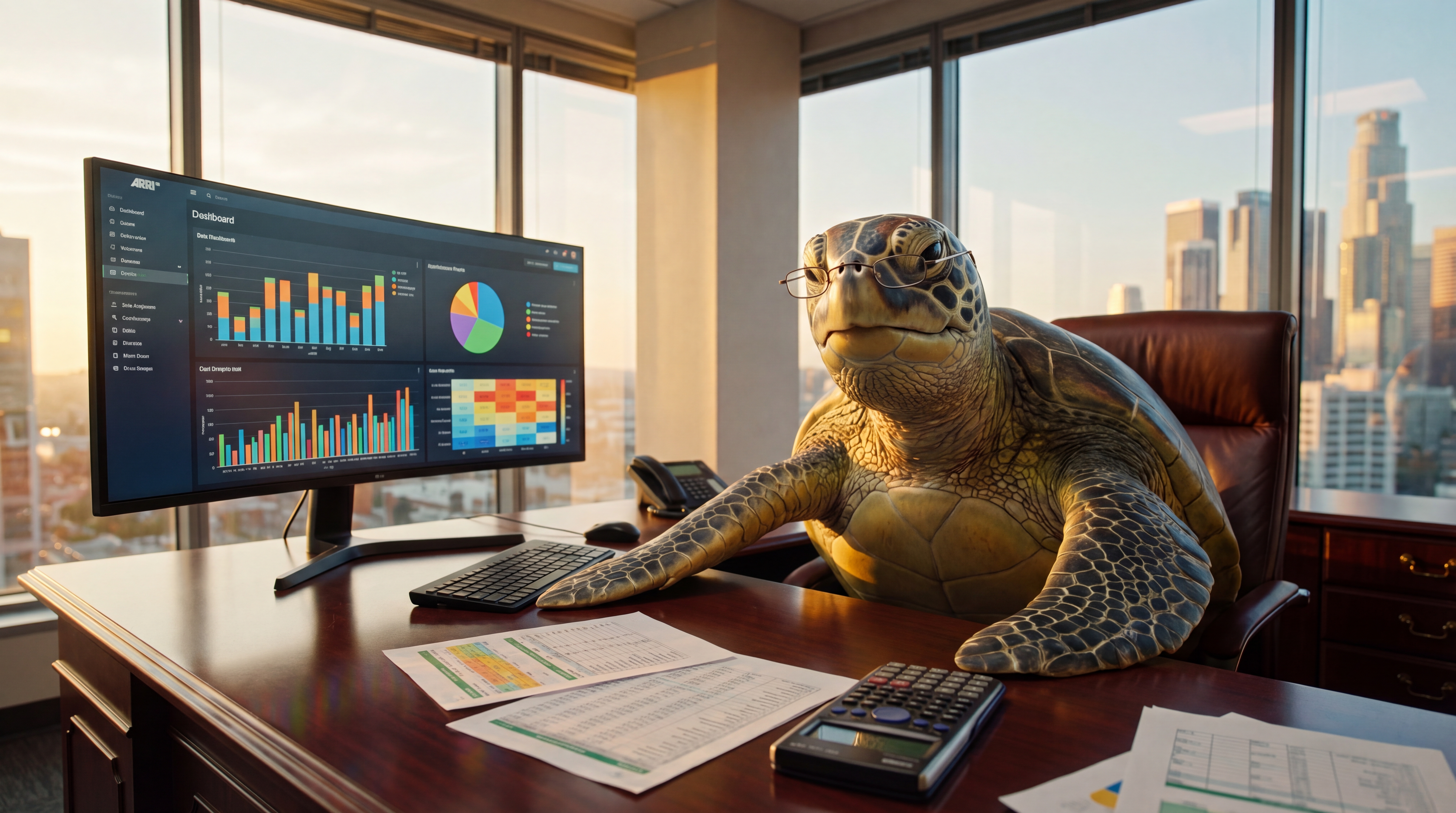 Turtle at a data desk in a corner office — gimmefy fired the analyst