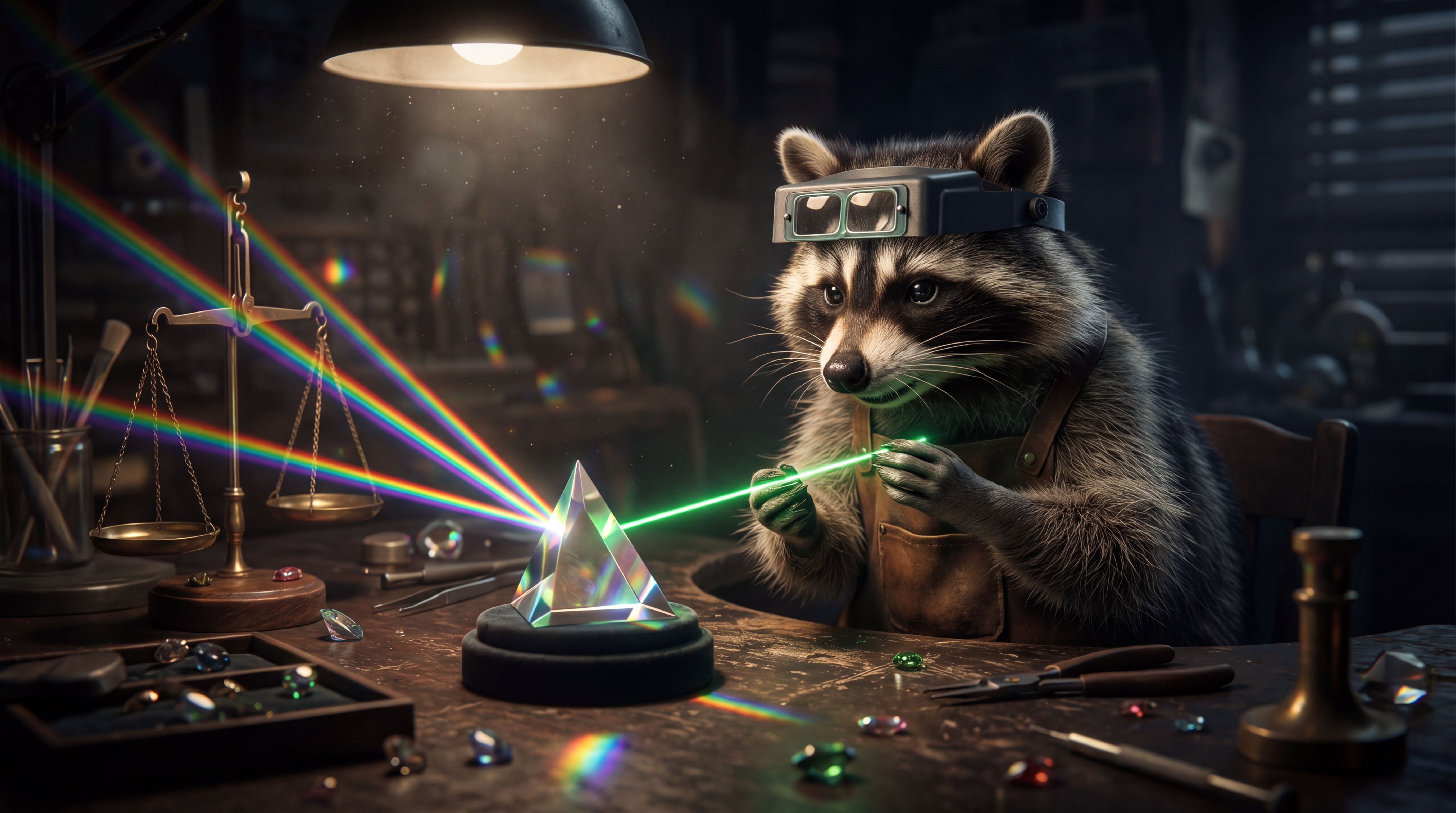 Raccoon examining a prism at a jeweller's bench — gimmefy fired the reviewer
