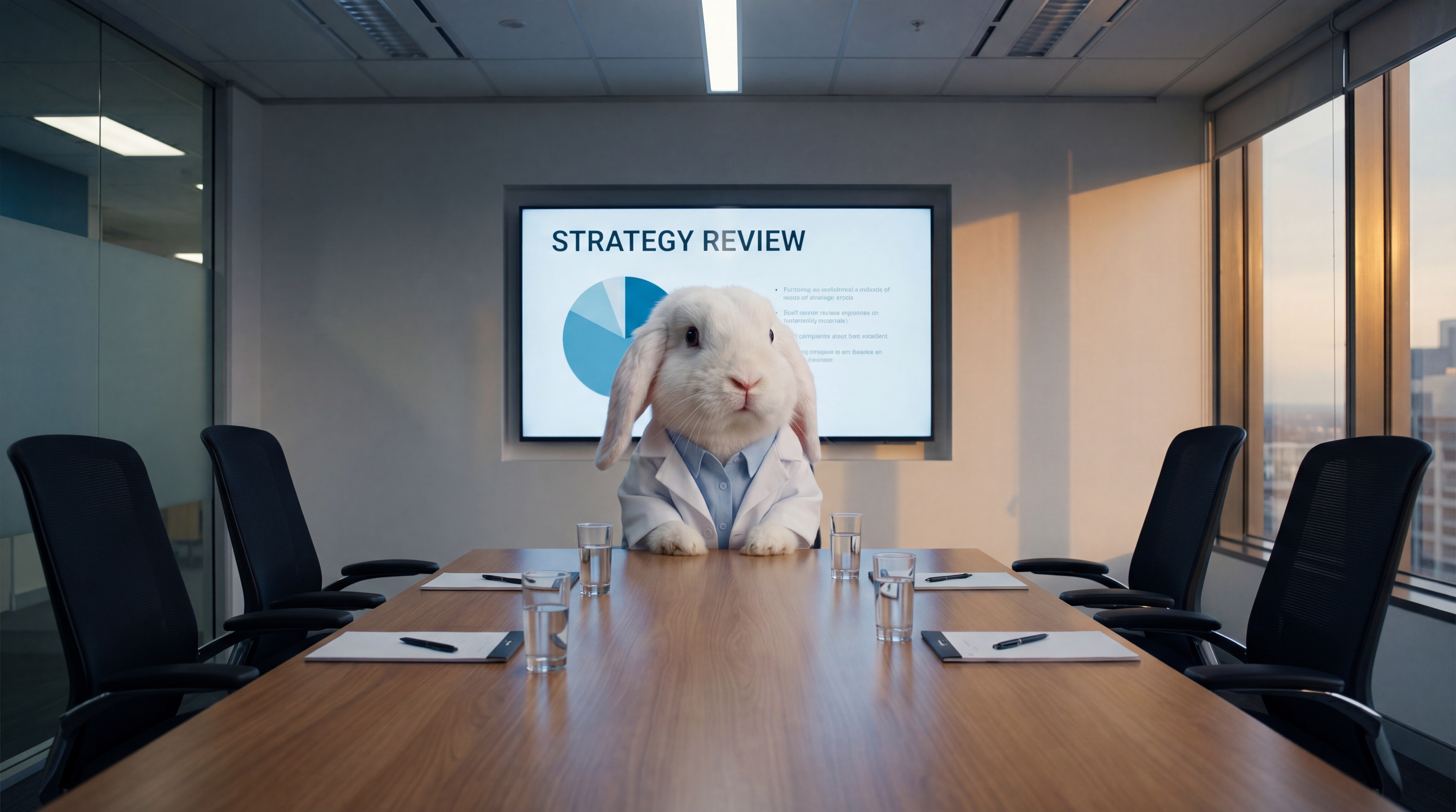 Bunny at the head of a boardroom — gimmefy fired the focus group moderator