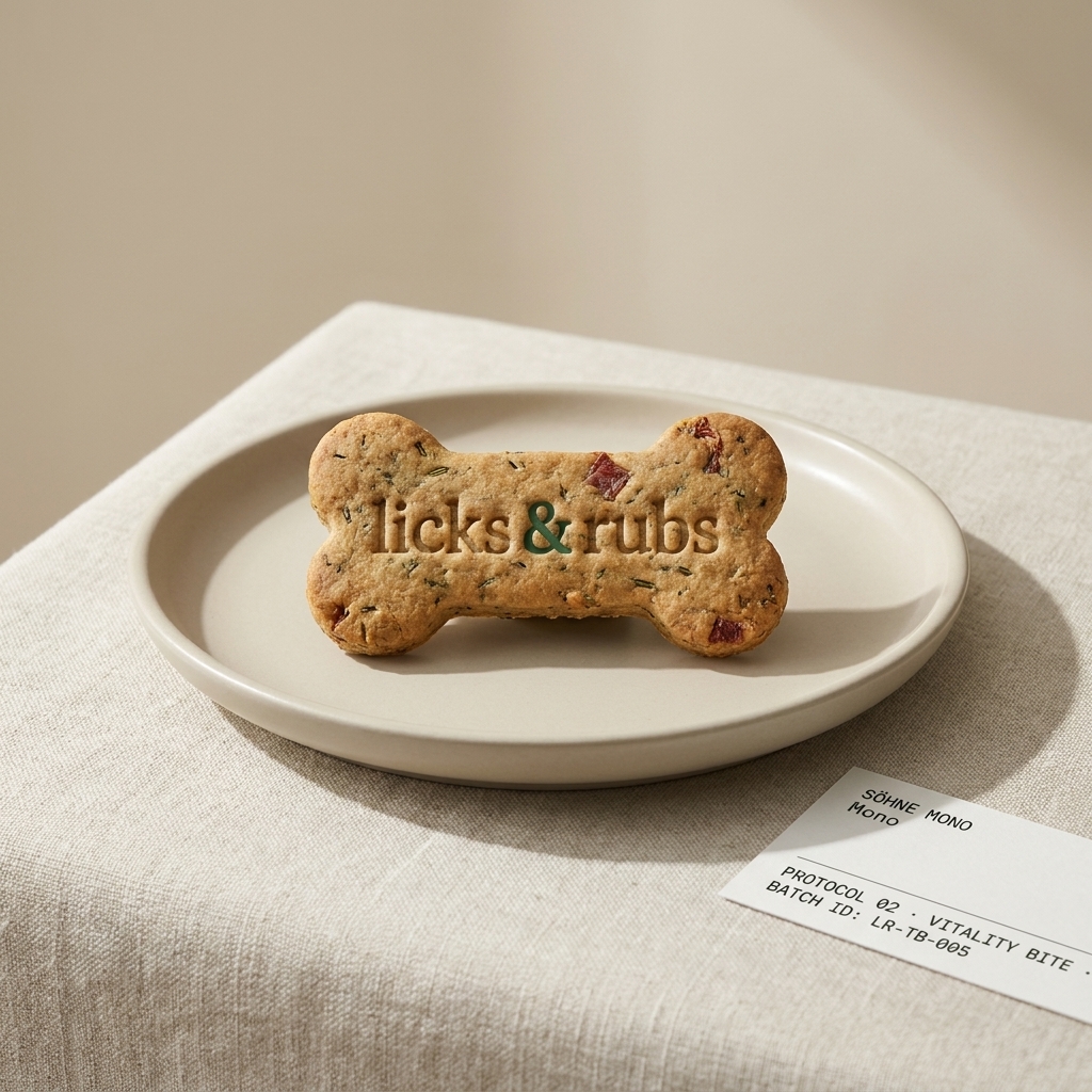 Licks & Rubs branded treat on ceramic plate — studio product photography
