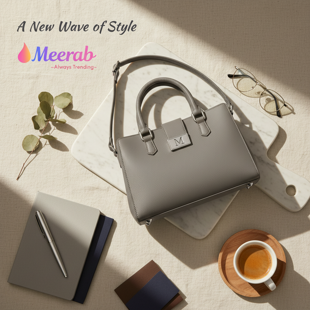 Meerab handbag flat lay with brand logo